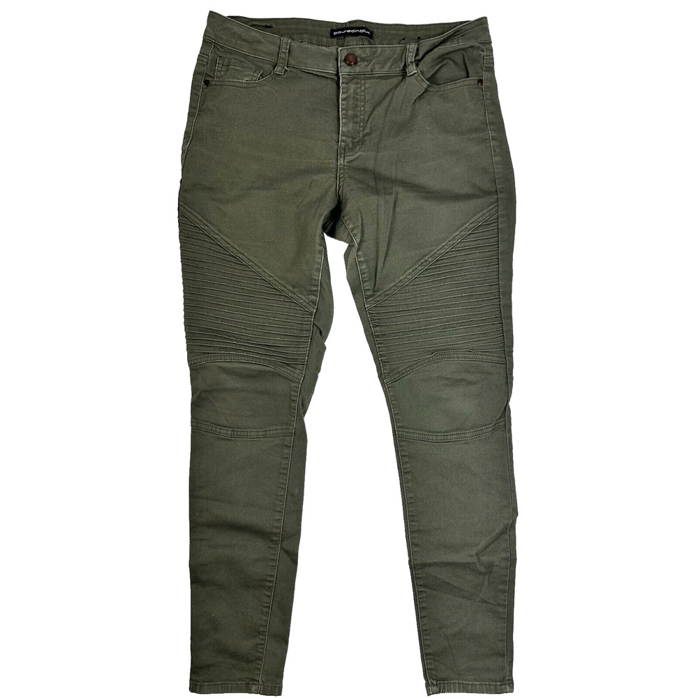 Poured In Blue Moto Skinny Ankle Jeans Army Green Ribbed Thigh Women's Size 9